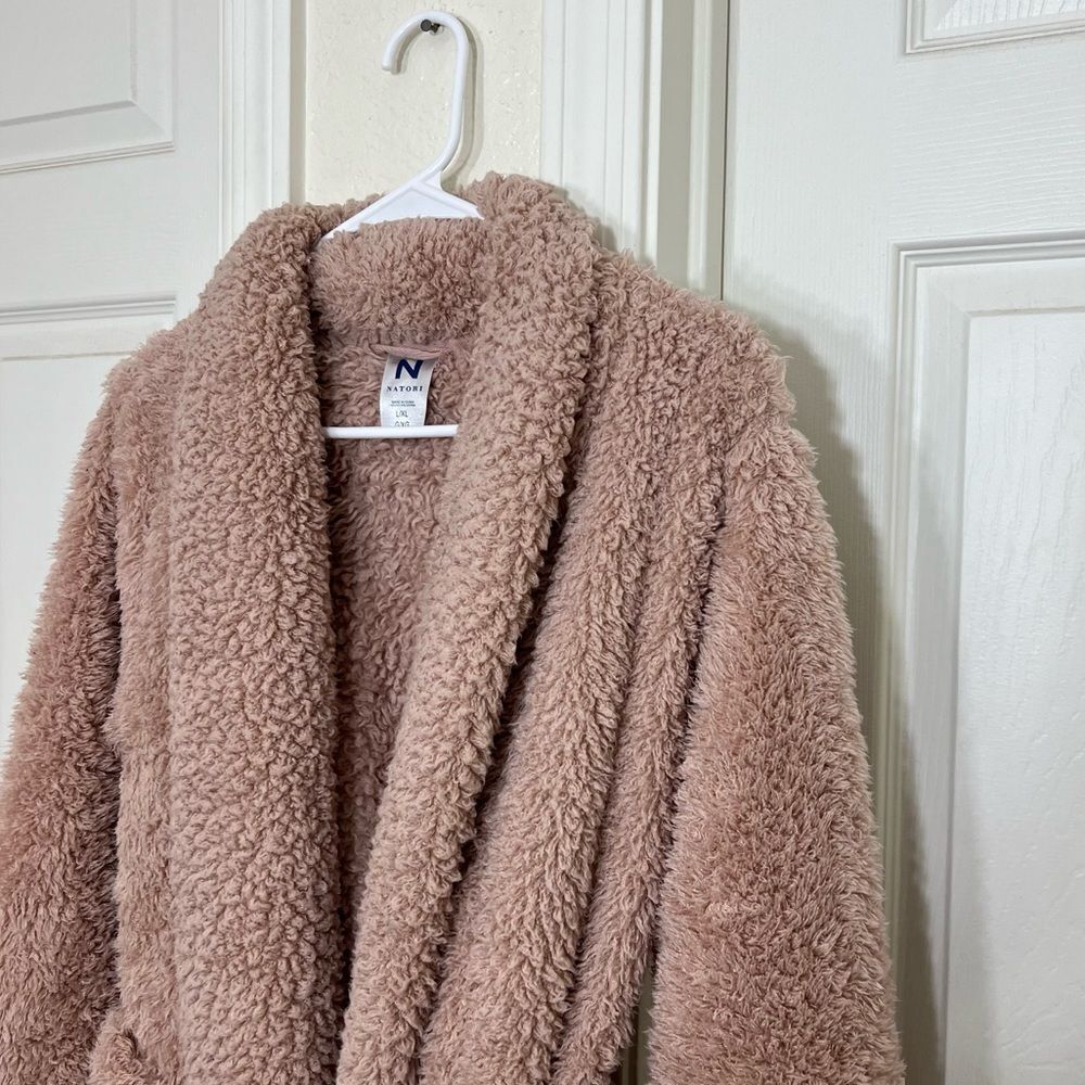 Natori Plush Lounge Cardigan Robe Fuzzy Teddy Sherpa in Rose Size L/XL - Picture 6 of 13